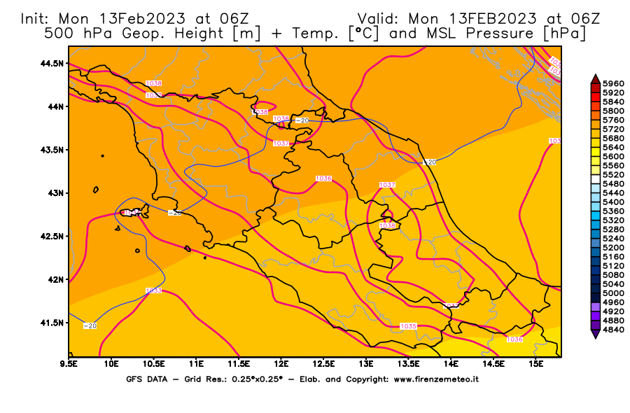 Mappa di analisi GFS - Geopotenziale [m] + Temp. [°C] a 500 hPa + Press. a livello del mare [hPa] in Centro-Italia
							del 13/02/2023 06 <!--googleoff: index-->UTC<!--googleon: index-->