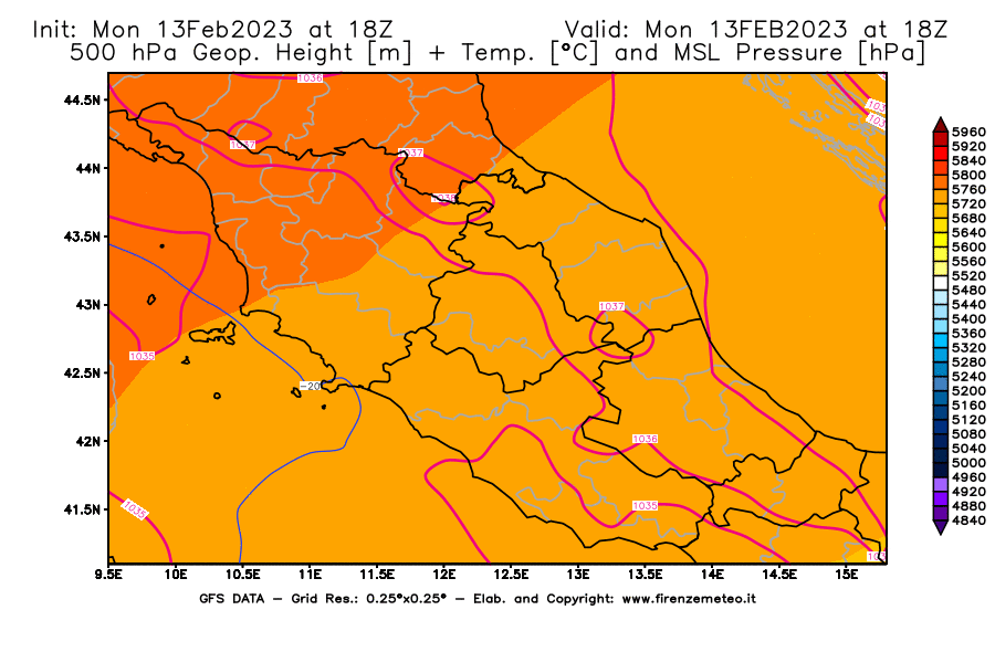 Mappa di analisi GFS - Geopotenziale [m] + Temp. [°C] a 500 hPa + Press. a livello del mare [hPa] in Centro-Italia
							del 13/02/2023 18 <!--googleoff: index-->UTC<!--googleon: index-->