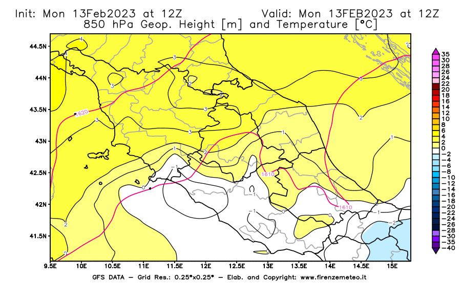 Mappa di analisi GFS - Geopotenziale [m] e Temperatura [°C] a 850 hPa in Centro-Italia
							del 13/02/2023 12 <!--googleoff: index-->UTC<!--googleon: index-->