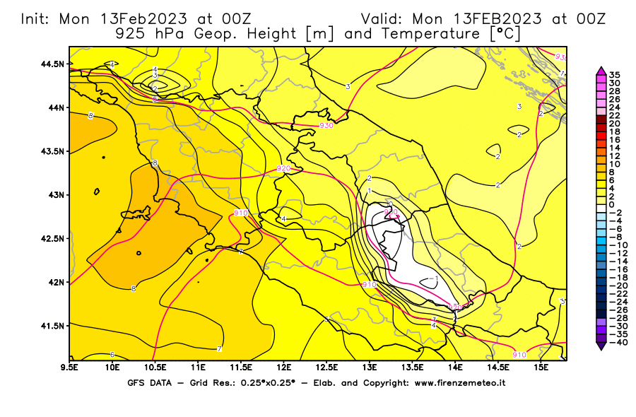 Mappa di analisi GFS - Geopotenziale [m] e Temperatura [°C] a 925 hPa in Centro-Italia
							del 13/02/2023 00 <!--googleoff: index-->UTC<!--googleon: index-->