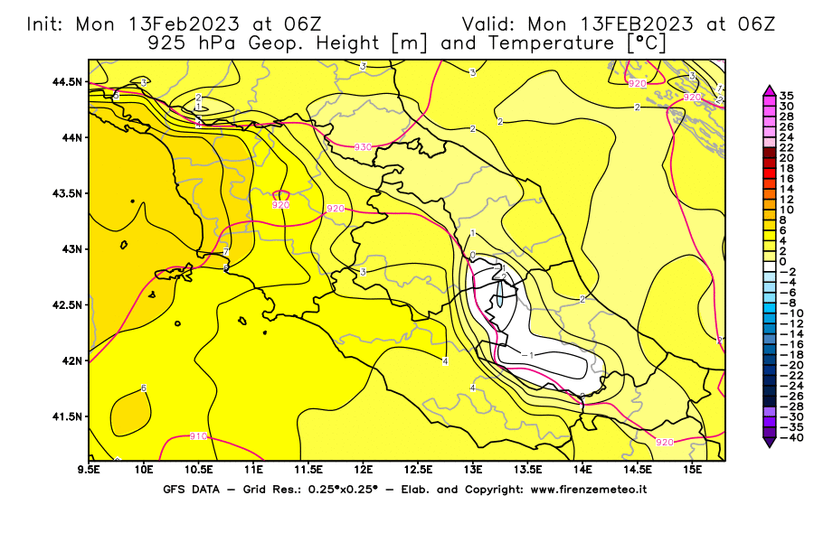 Mappa di analisi GFS - Geopotenziale [m] e Temperatura [°C] a 925 hPa in Centro-Italia
							del 13/02/2023 06 <!--googleoff: index-->UTC<!--googleon: index-->