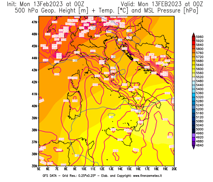 Mappa di analisi GFS - Geopotenziale [m] + Temp. [°C] a 500 hPa + Press. a livello del mare [hPa] in Italia
							del 13/02/2023 00 <!--googleoff: index-->UTC<!--googleon: index-->