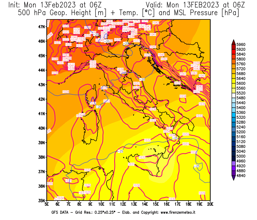 Mappa di analisi GFS - Geopotenziale [m] + Temp. [°C] a 500 hPa + Press. a livello del mare [hPa] in Italia
							del 13/02/2023 06 <!--googleoff: index-->UTC<!--googleon: index-->