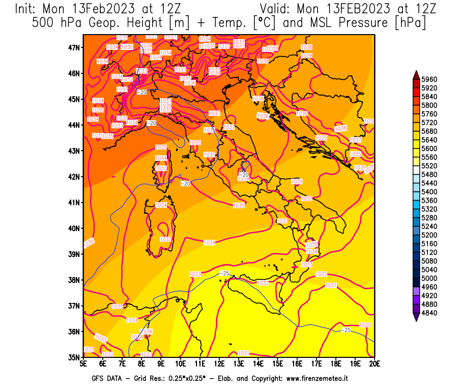 Mappa di analisi GFS - Geopotenziale [m] + Temp. [°C] a 500 hPa + Press. a livello del mare [hPa] in Italia
							del 13/02/2023 12 <!--googleoff: index-->UTC<!--googleon: index-->