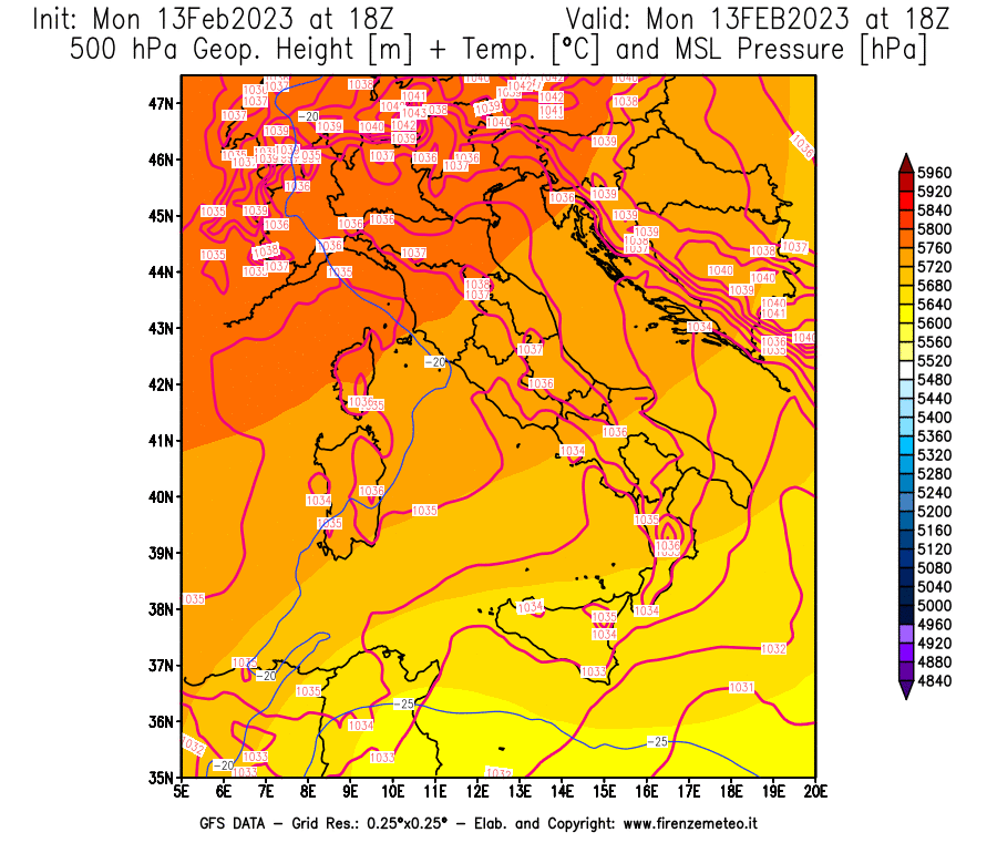 Mappa di analisi GFS - Geopotenziale [m] + Temp. [°C] a 500 hPa + Press. a livello del mare [hPa] in Italia
							del 13/02/2023 18 <!--googleoff: index-->UTC<!--googleon: index-->