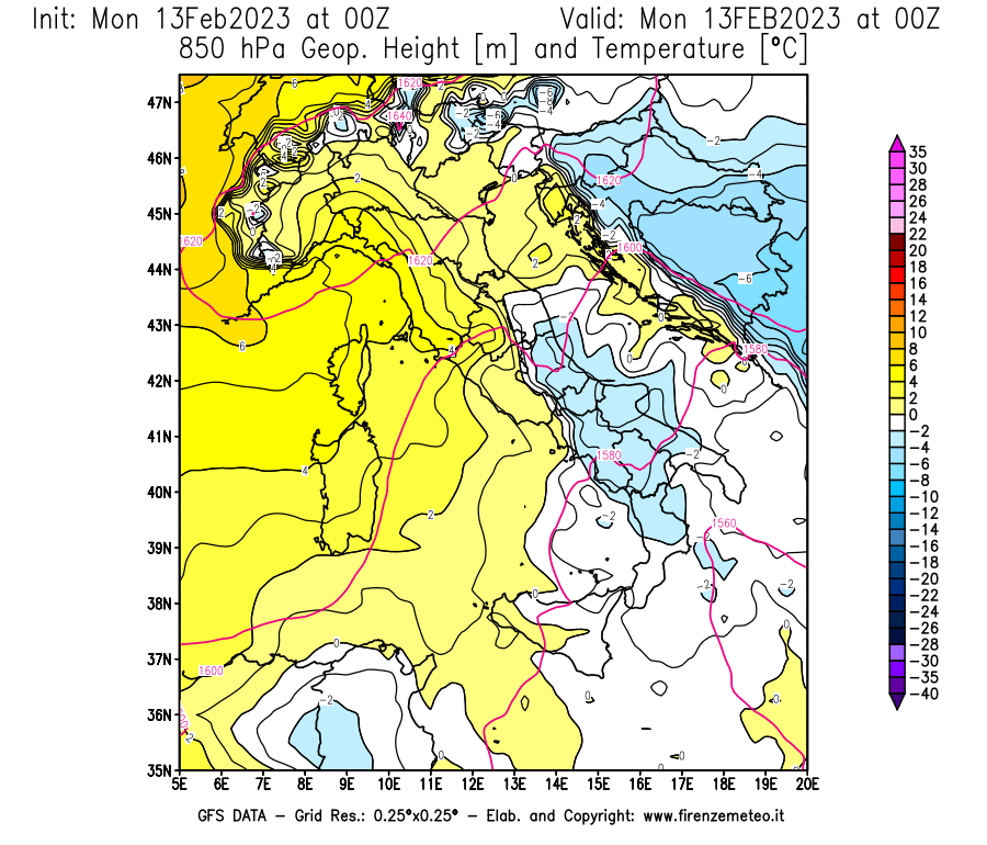 Mappa di analisi GFS - Geopotenziale [m] e Temperatura [°C] a 850 hPa in Italia
							del 13/02/2023 00 <!--googleoff: index-->UTC<!--googleon: index-->
