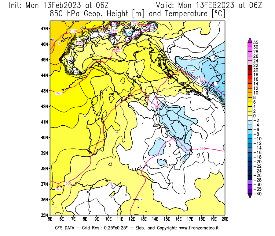 Mappa di analisi GFS - Geopotenziale [m] e Temperatura [°C] a 850 hPa in Italia
							del 13/02/2023 06 <!--googleoff: index-->UTC<!--googleon: index-->