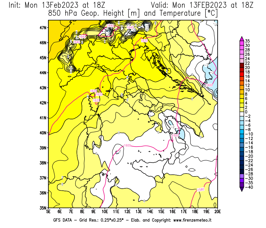 Mappa di analisi GFS - Geopotenziale [m] e Temperatura [°C] a 850 hPa in Italia
							del 13/02/2023 18 <!--googleoff: index-->UTC<!--googleon: index-->