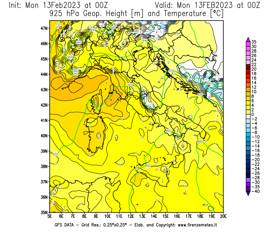 Mappa di analisi GFS - Geopotenziale [m] e Temperatura [°C] a 925 hPa in Italia
							del 13/02/2023 00 <!--googleoff: index-->UTC<!--googleon: index-->