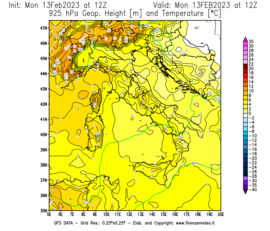 Mappa di analisi GFS - Geopotenziale [m] e Temperatura [°C] a 925 hPa in Italia
							del 13/02/2023 12 <!--googleoff: index-->UTC<!--googleon: index-->