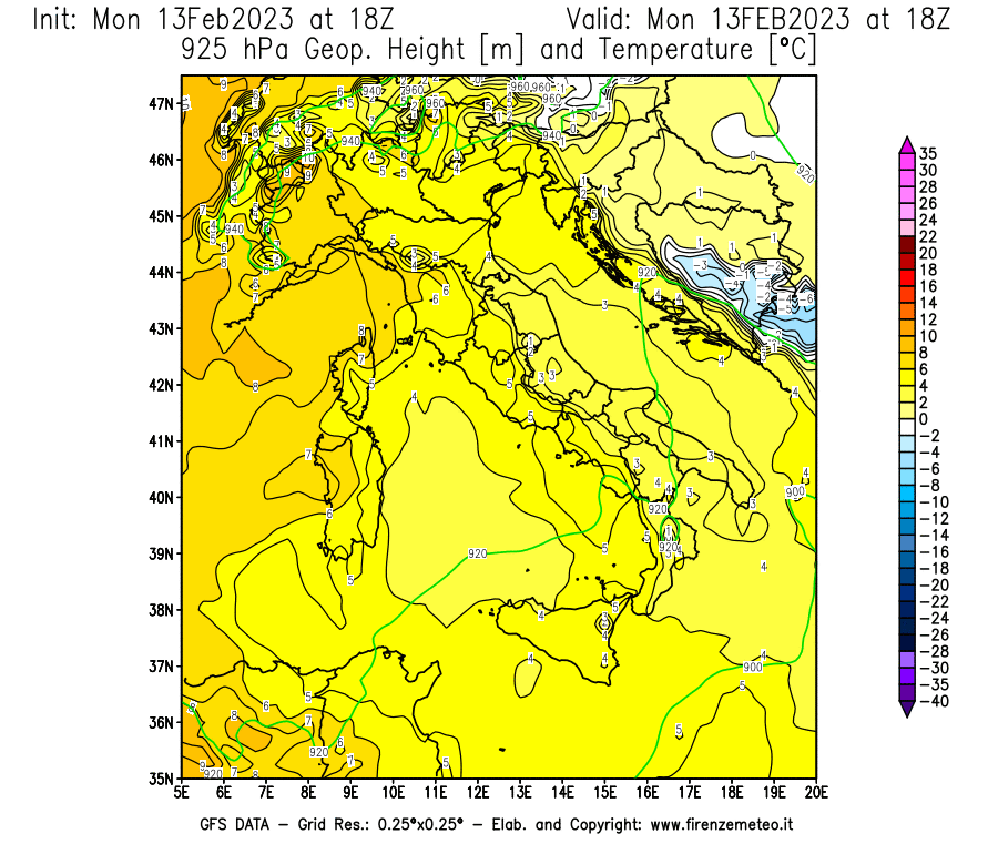 Mappa di analisi GFS - Geopotenziale [m] e Temperatura [°C] a 925 hPa in Italia
							del 13/02/2023 18 <!--googleoff: index-->UTC<!--googleon: index-->