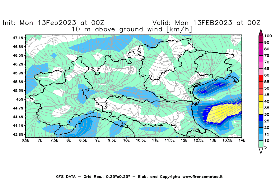 Mappa di analisi GFS - Velocità del vento a 10 metri dal suolo [km/h] in Nord-Italia
							del 13/02/2023 00 <!--googleoff: index-->UTC<!--googleon: index-->
