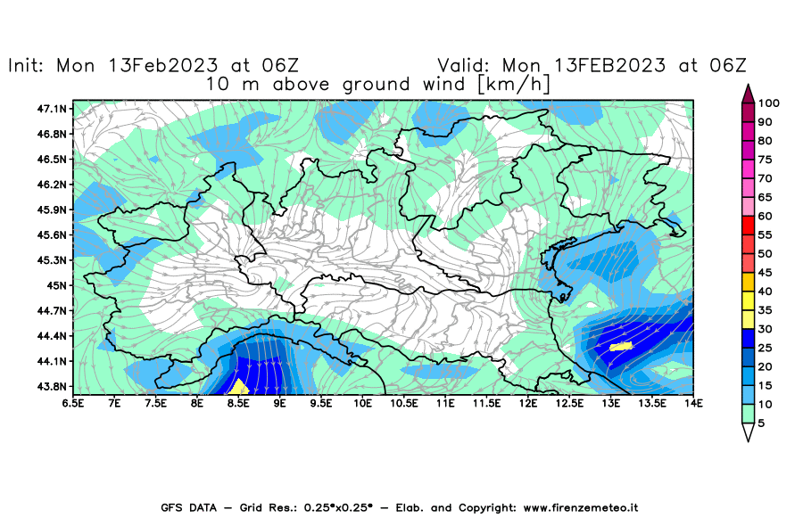 Mappa di analisi GFS - Velocità del vento a 10 metri dal suolo [km/h] in Nord-Italia
							del 13/02/2023 06 <!--googleoff: index-->UTC<!--googleon: index-->