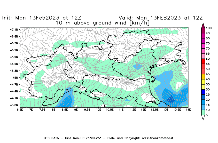 Mappa di analisi GFS - Velocità del vento a 10 metri dal suolo [km/h] in Nord-Italia
							del 13/02/2023 12 <!--googleoff: index-->UTC<!--googleon: index-->