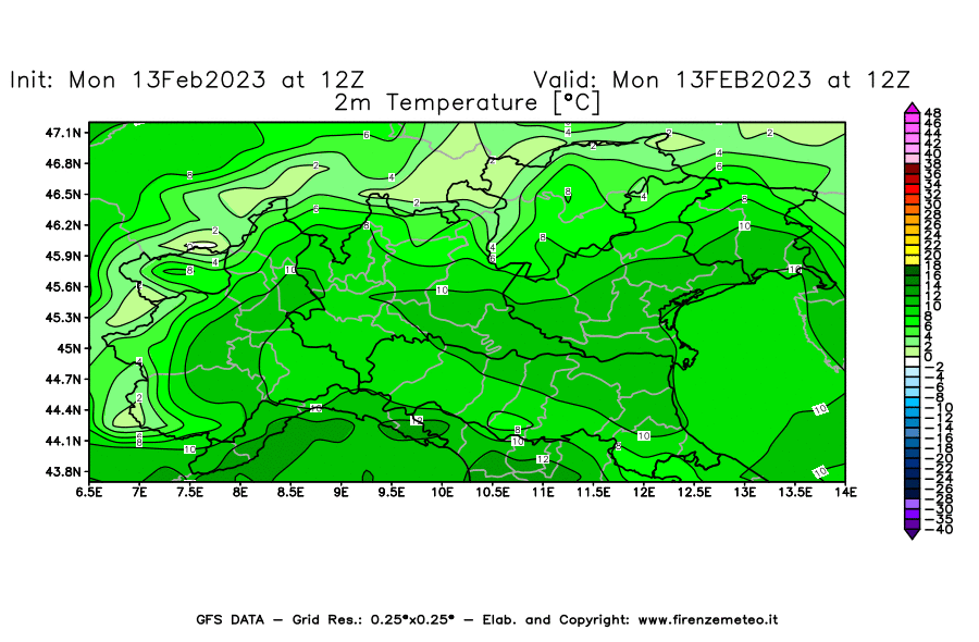 Mappa di analisi GFS - Temperatura a 2 metri dal suolo [°C] in Nord-Italia
							del 13/02/2023 12 <!--googleoff: index-->UTC<!--googleon: index-->