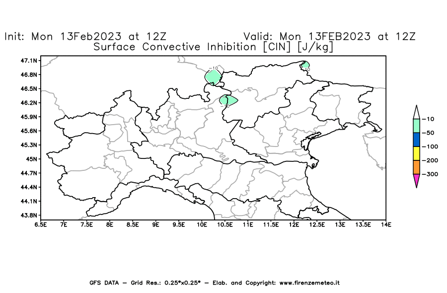 Mappa di analisi GFS - CIN [J/kg] in Nord-Italia
							del 13/02/2023 12 <!--googleoff: index-->UTC<!--googleon: index-->