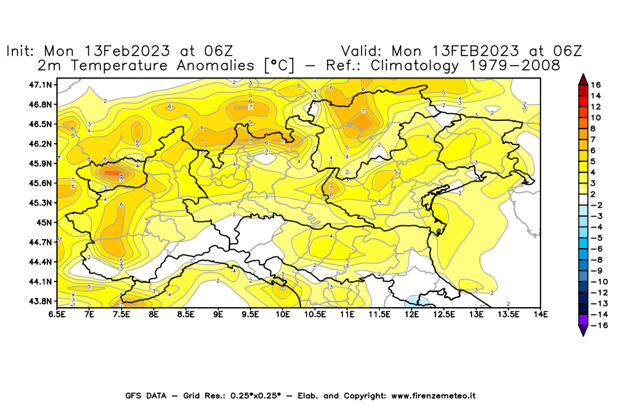 Mappa di analisi GFS - Anomalia Temperatura [°C] a 2 m in Nord-Italia
							del 13/02/2023 06 <!--googleoff: index-->UTC<!--googleon: index-->