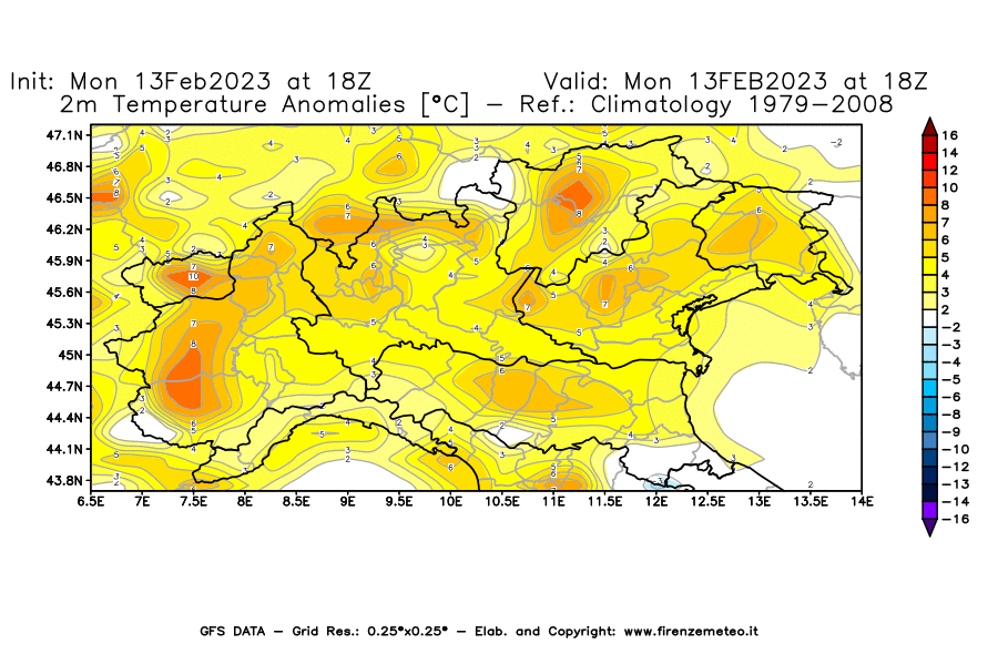 Mappa di analisi GFS - Anomalia Temperatura [°C] a 2 m in Nord-Italia
							del 13/02/2023 18 <!--googleoff: index-->UTC<!--googleon: index-->