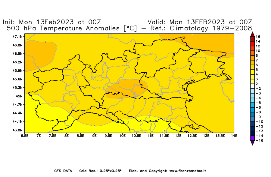 Mappa di analisi GFS - Anomalia Temperatura [°C] a 500 hPa in Nord-Italia
							del 13/02/2023 00 <!--googleoff: index-->UTC<!--googleon: index-->
