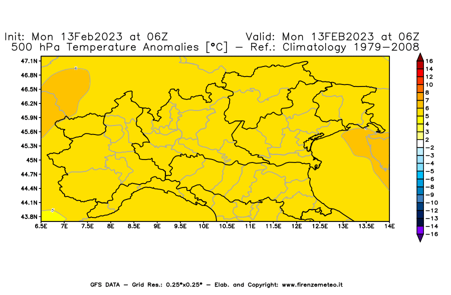 Mappa di analisi GFS - Anomalia Temperatura [°C] a 500 hPa in Nord-Italia
							del 13/02/2023 06 <!--googleoff: index-->UTC<!--googleon: index-->