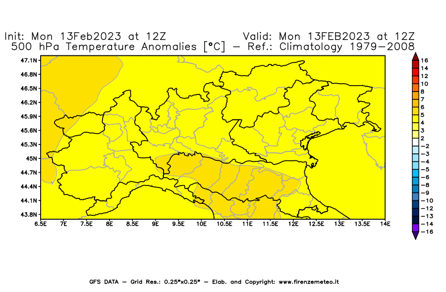 Mappa di analisi GFS - Anomalia Temperatura [°C] a 500 hPa in Nord-Italia
							del 13/02/2023 12 <!--googleoff: index-->UTC<!--googleon: index-->