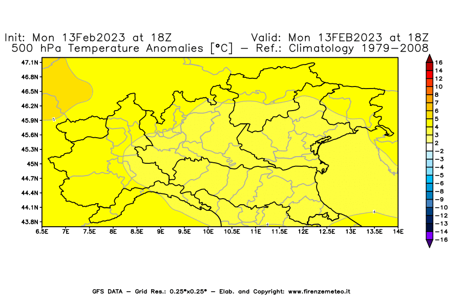 Mappa di analisi GFS - Anomalia Temperatura [°C] a 500 hPa in Nord-Italia
							del 13/02/2023 18 <!--googleoff: index-->UTC<!--googleon: index-->
