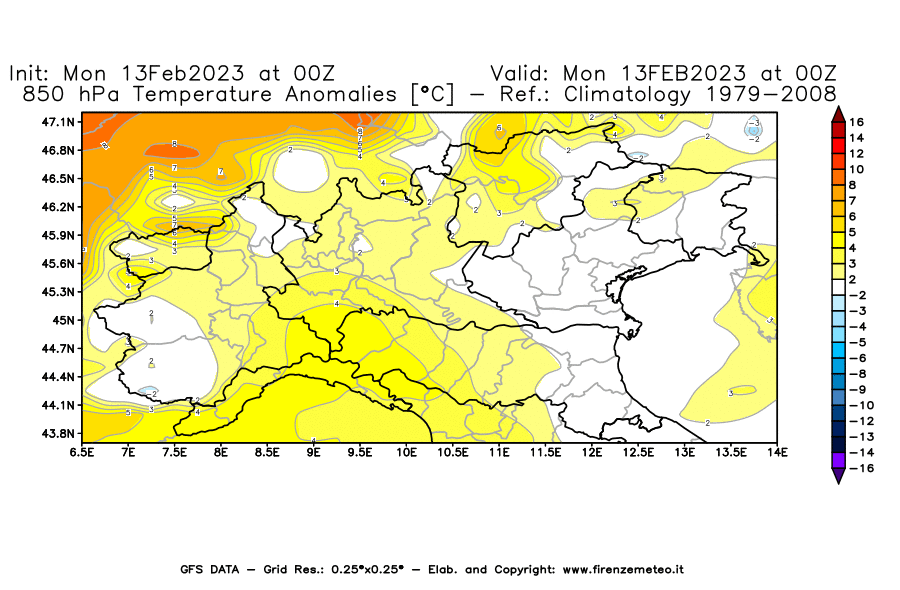 Mappa di analisi GFS - Anomalia Temperatura [°C] a 850 hPa in Nord-Italia
							del 13/02/2023 00 <!--googleoff: index-->UTC<!--googleon: index-->