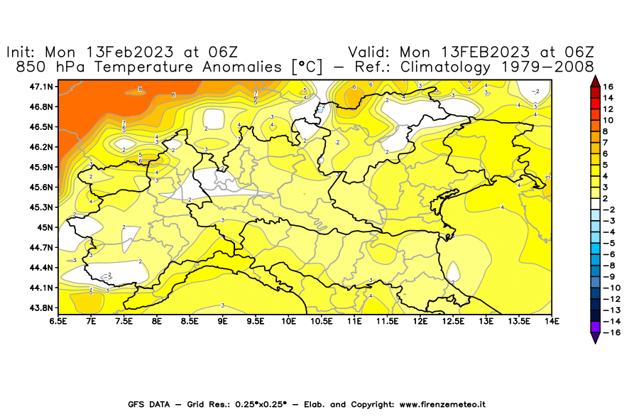 Mappa di analisi GFS - Anomalia Temperatura [°C] a 850 hPa in Nord-Italia
							del 13/02/2023 06 <!--googleoff: index-->UTC<!--googleon: index-->
