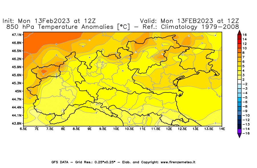 Mappa di analisi GFS - Anomalia Temperatura [°C] a 850 hPa in Nord-Italia
							del 13/02/2023 12 <!--googleoff: index-->UTC<!--googleon: index-->