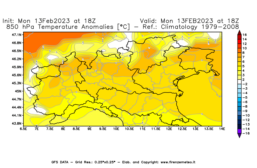 Mappa di analisi GFS - Anomalia Temperatura [°C] a 850 hPa in Nord-Italia
							del 13/02/2023 18 <!--googleoff: index-->UTC<!--googleon: index-->