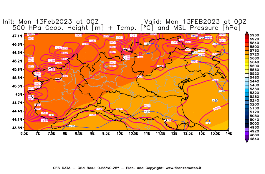 Mappa di analisi GFS - Geopotenziale [m] + Temp. [°C] a 500 hPa + Press. a livello del mare [hPa] in Nord-Italia
							del 13/02/2023 00 <!--googleoff: index-->UTC<!--googleon: index-->
