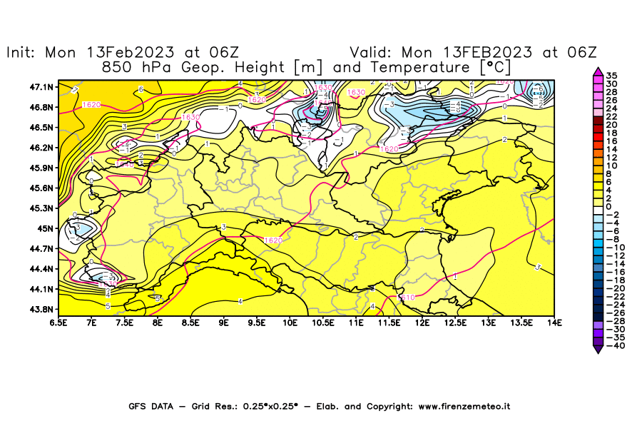 Mappa di analisi GFS - Geopotenziale [m] e Temperatura [°C] a 850 hPa in Nord-Italia
							del 13/02/2023 06 <!--googleoff: index-->UTC<!--googleon: index-->