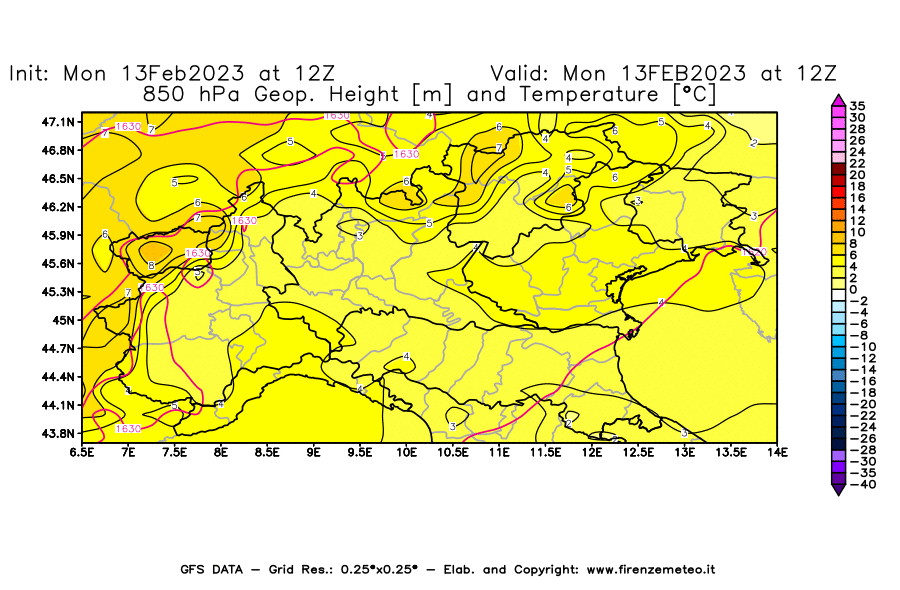 Mappa di analisi GFS - Geopotenziale [m] e Temperatura [°C] a 850 hPa in Nord-Italia
							del 13/02/2023 12 <!--googleoff: index-->UTC<!--googleon: index-->