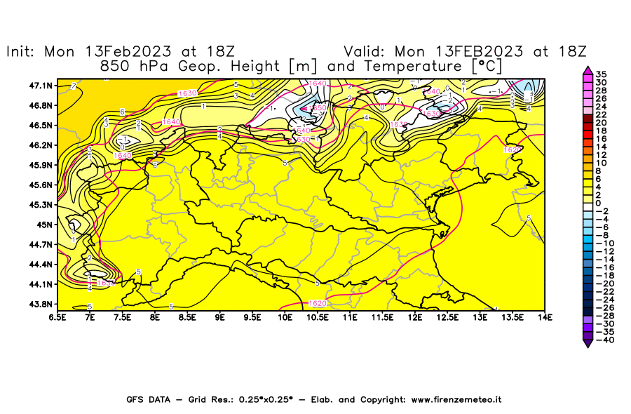 Mappa di analisi GFS - Geopotenziale [m] e Temperatura [°C] a 850 hPa in Nord-Italia
							del 13/02/2023 18 <!--googleoff: index-->UTC<!--googleon: index-->