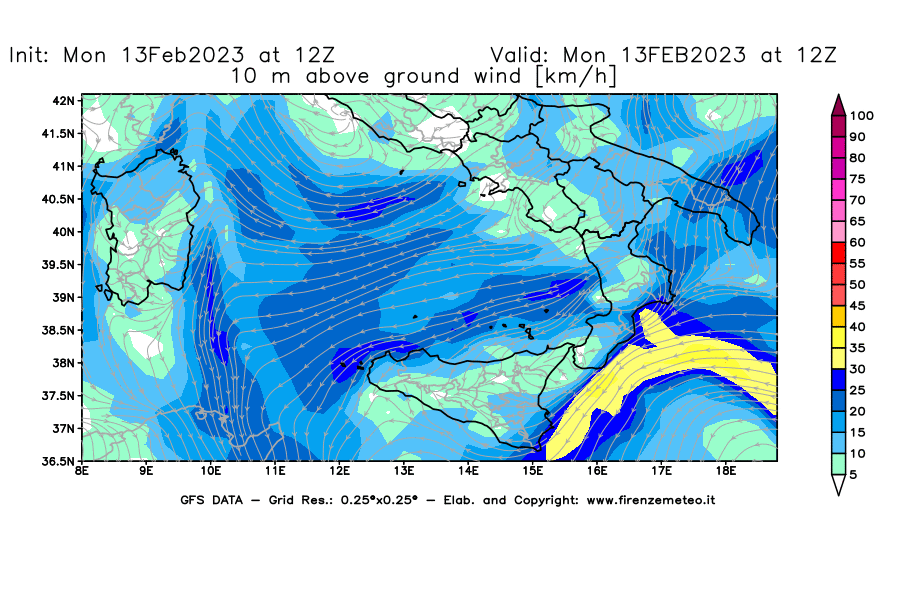 Mappa di analisi GFS - Velocità del vento a 10 metri dal suolo [km/h] in Sud-Italia
							del 13/02/2023 12 <!--googleoff: index-->UTC<!--googleon: index-->