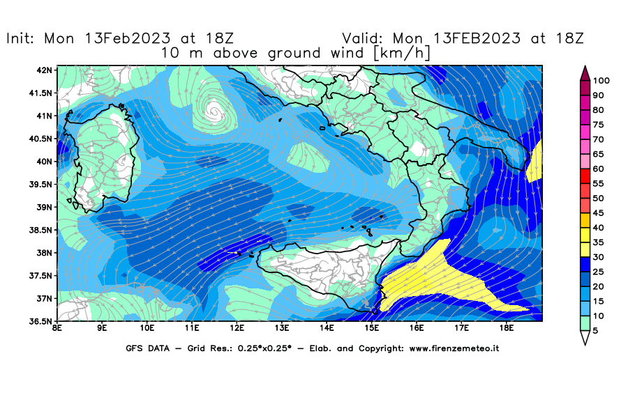 Mappa di analisi GFS - Velocità del vento a 10 metri dal suolo [km/h] in Sud-Italia
							del 13/02/2023 18 <!--googleoff: index-->UTC<!--googleon: index-->