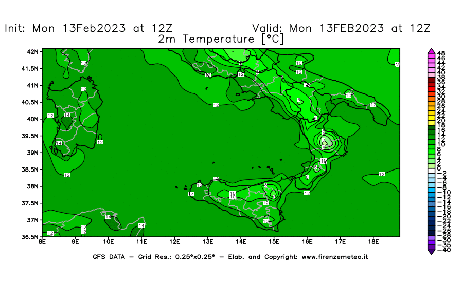 Mappa di analisi GFS - Temperatura a 2 metri dal suolo [°C] in Sud-Italia
							del 13/02/2023 12 <!--googleoff: index-->UTC<!--googleon: index-->