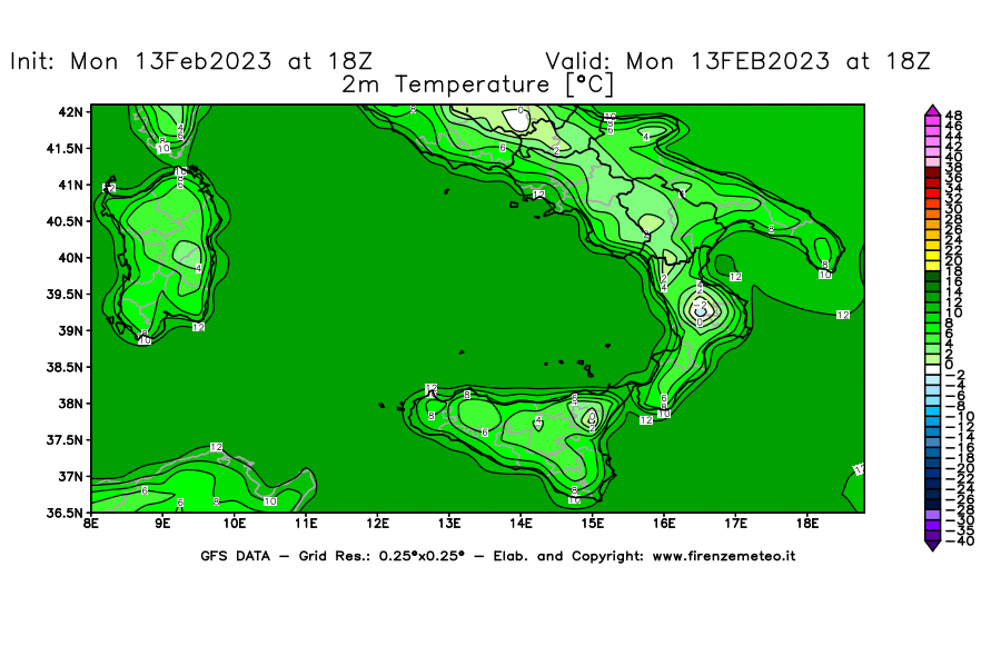 Mappa di analisi GFS - Temperatura a 2 metri dal suolo [°C] in Sud-Italia
							del 13/02/2023 18 <!--googleoff: index-->UTC<!--googleon: index-->