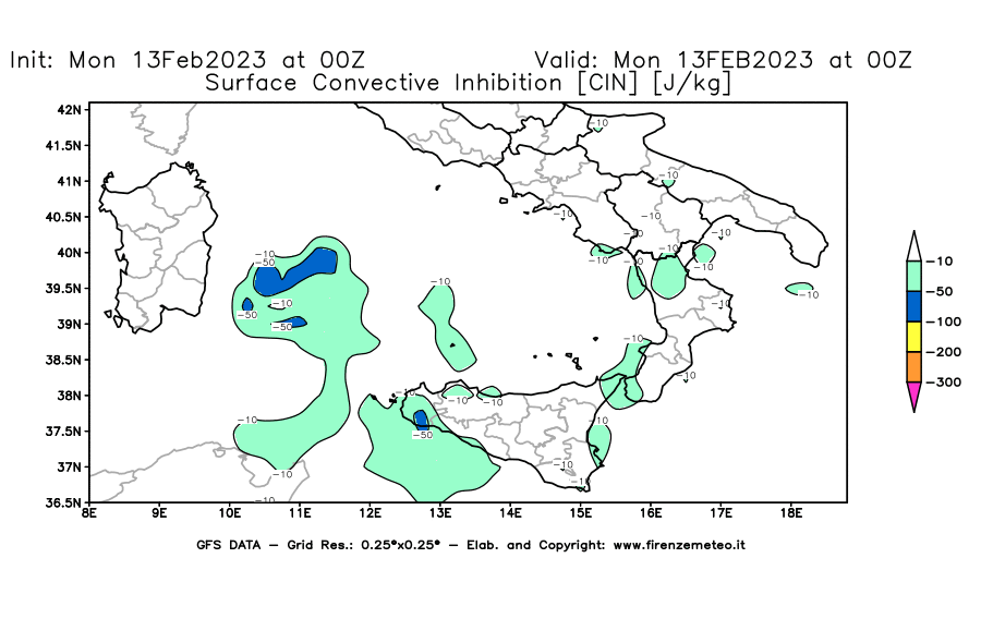 Mappa di analisi GFS - CIN [J/kg] in Sud-Italia
							del 13/02/2023 00 <!--googleoff: index-->UTC<!--googleon: index-->