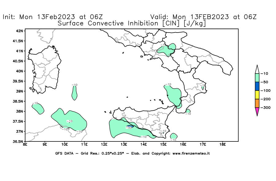 Mappa di analisi GFS - CIN [J/kg] in Sud-Italia
							del 13/02/2023 06 <!--googleoff: index-->UTC<!--googleon: index-->