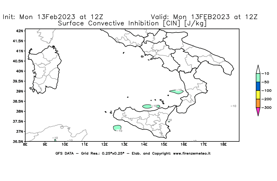 Mappa di analisi GFS - CIN [J/kg] in Sud-Italia
							del 13/02/2023 12 <!--googleoff: index-->UTC<!--googleon: index-->
