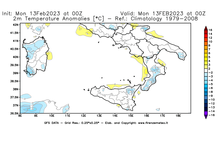 Mappa di analisi GFS - Anomalia Temperatura [°C] a 2 m in Sud-Italia
							del 13/02/2023 00 <!--googleoff: index-->UTC<!--googleon: index-->