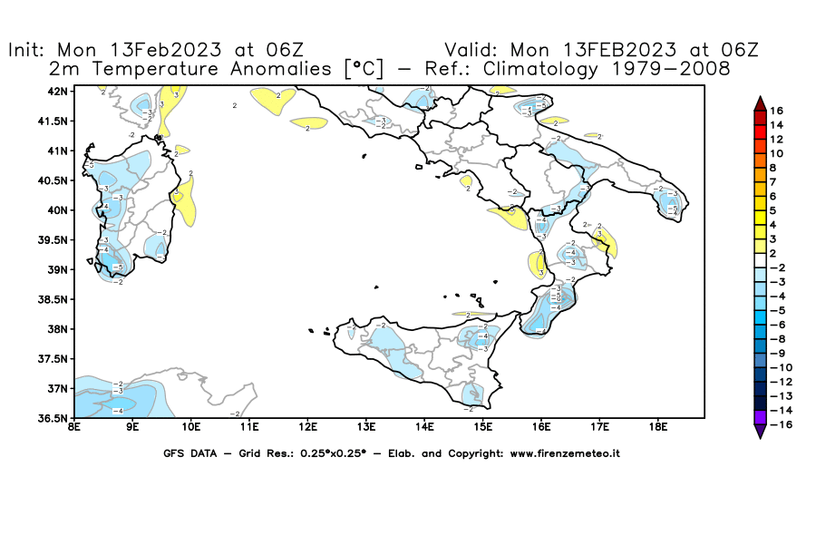 Mappa di analisi GFS - Anomalia Temperatura [°C] a 2 m in Sud-Italia
							del 13/02/2023 06 <!--googleoff: index-->UTC<!--googleon: index-->