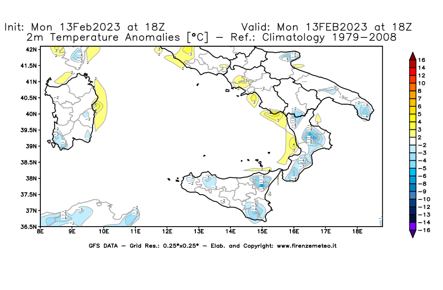 Mappa di analisi GFS - Anomalia Temperatura [°C] a 2 m in Sud-Italia
							del 13/02/2023 18 <!--googleoff: index-->UTC<!--googleon: index-->