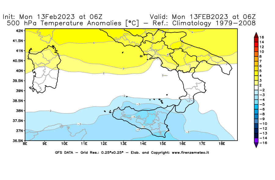 Mappa di analisi GFS - Anomalia Temperatura [°C] a 500 hPa in Sud-Italia
							del 13/02/2023 06 <!--googleoff: index-->UTC<!--googleon: index-->