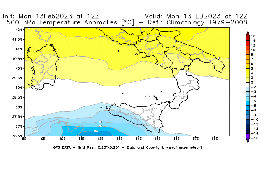 Mappa di analisi GFS - Anomalia Temperatura [°C] a 500 hPa in Sud-Italia
							del 13/02/2023 12 <!--googleoff: index-->UTC<!--googleon: index-->
