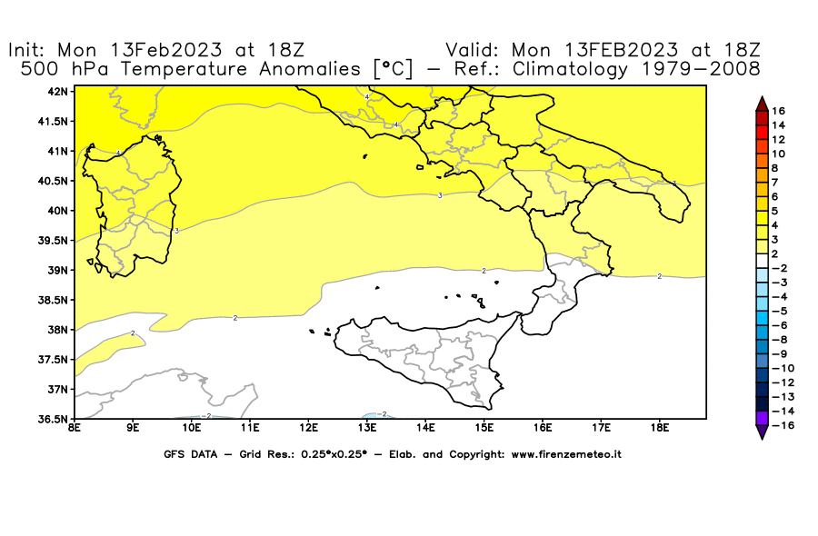 Mappa di analisi GFS - Anomalia Temperatura [°C] a 500 hPa in Sud-Italia
							del 13/02/2023 18 <!--googleoff: index-->UTC<!--googleon: index-->