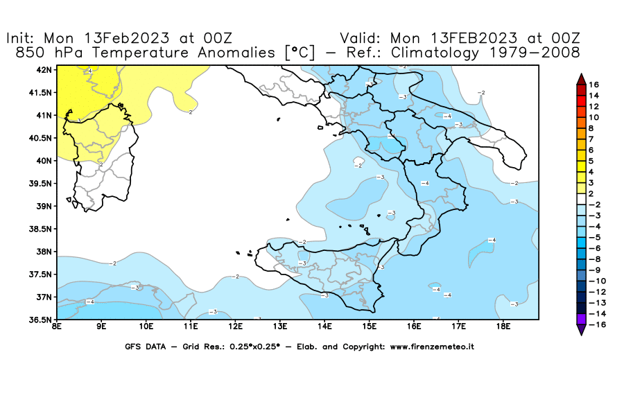 Mappa di analisi GFS - Anomalia Temperatura [°C] a 850 hPa in Sud-Italia
							del 13/02/2023 00 <!--googleoff: index-->UTC<!--googleon: index-->