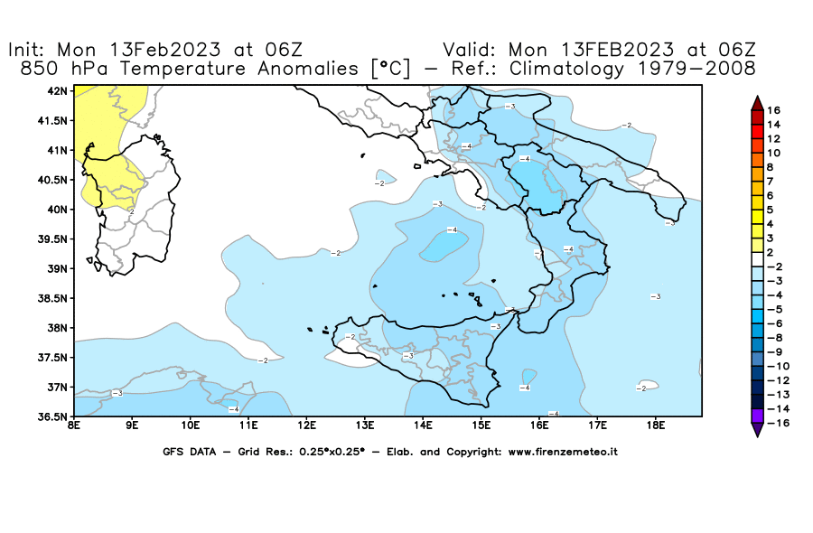 Mappa di analisi GFS - Anomalia Temperatura [°C] a 850 hPa in Sud-Italia
							del 13/02/2023 06 <!--googleoff: index-->UTC<!--googleon: index-->