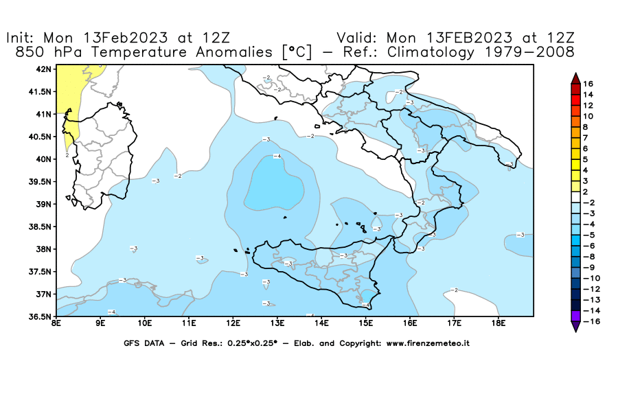 Mappa di analisi GFS - Anomalia Temperatura [°C] a 850 hPa in Sud-Italia
							del 13/02/2023 12 <!--googleoff: index-->UTC<!--googleon: index-->
